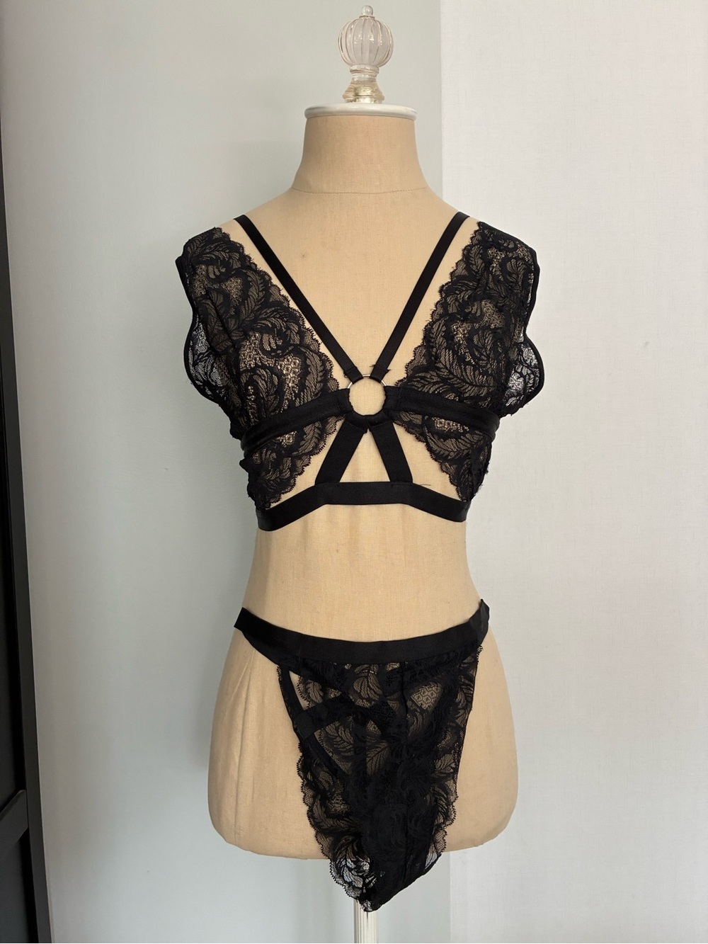 Sheer Black Lace Strappy Bralette & Thong Set